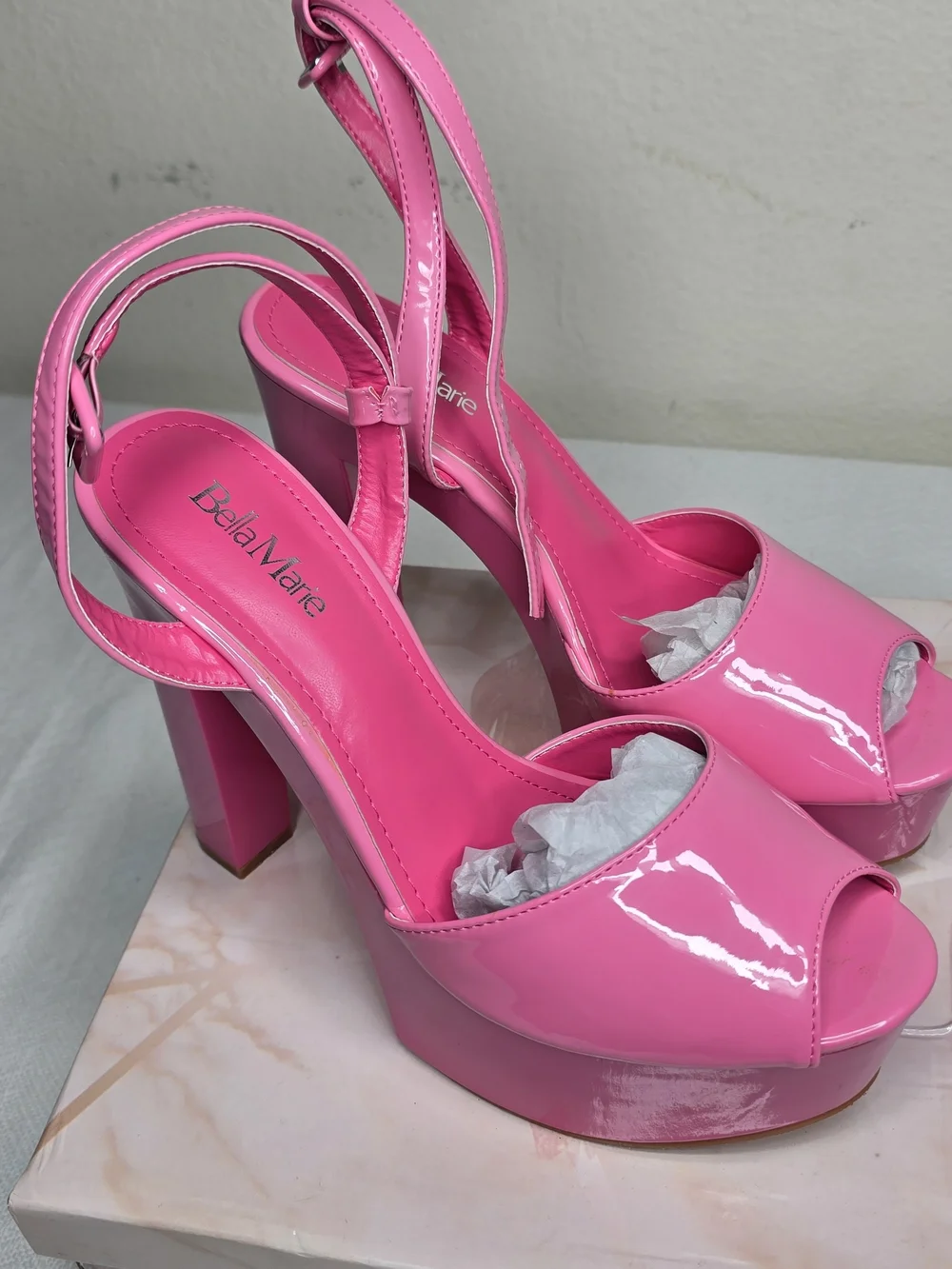 Bella Marie Pink Patent Platform Ankle Strap Buckle Open Toe Block Heel US 10